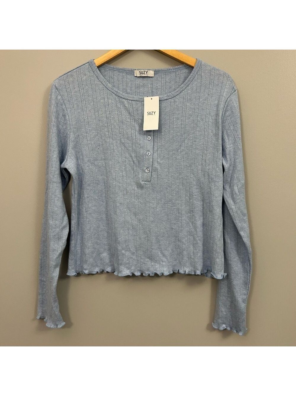Suzy Shier Light Blue Ribbed Long Sleeve Top Large NWT